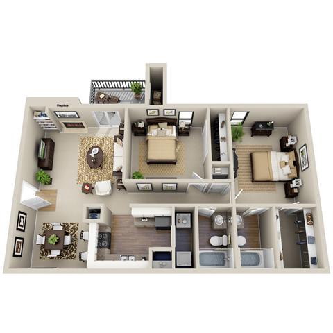 A 3D floor plan of a house with a living room, kitchen, dining room, and bedrooms.